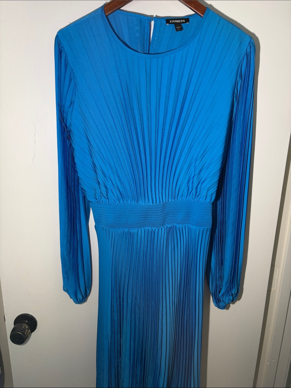 Express Bright Blue Pleated Long-Sleeve Midi Dress